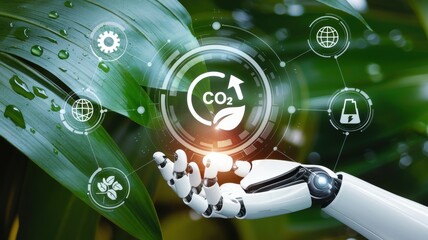 A robot is holding a leaf with the word CO2 on it