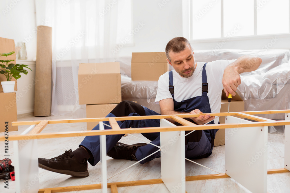 Poster furniture assembler installing wooden shelf after house relocation working sitting on floor indoors.
