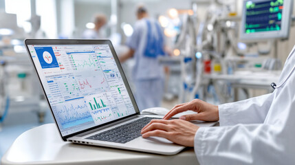 Doctor analyzing patient data on laptop in hospital setting. Healthcare technology