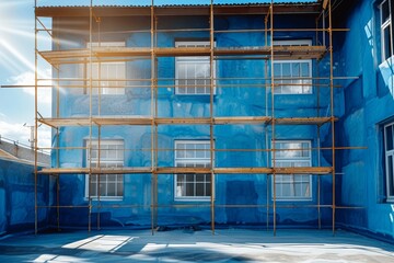 Obraz premium under construction building with scaffolding and blue walls, new house architecture, construction site on sunny day