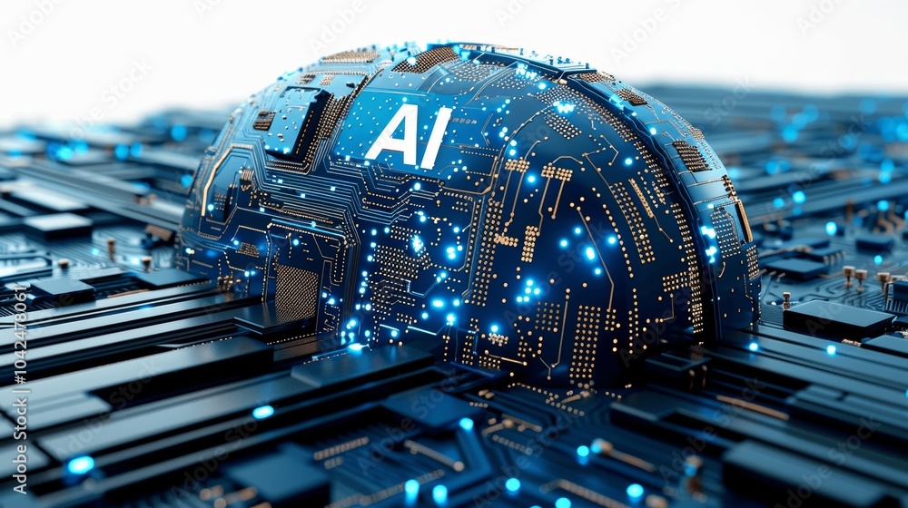Poster ai microchip on blue circuit board, artificial intelligence chip illustration, futuristic technology