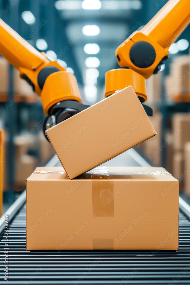 Poster automated packaging process in modern warehousing with robotic arms enhancing efficiency and accurac