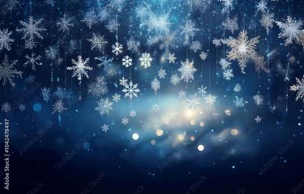 Poster snowflakes hang from thin strings against a dark blue background with bokeh lights.