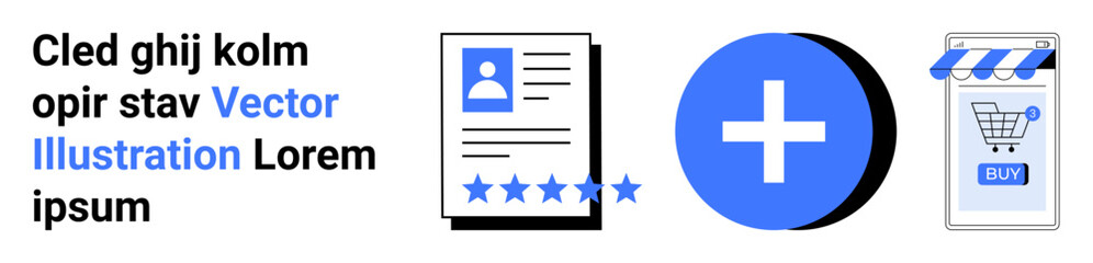 Collection of a user profile with rating stars, a plus symbol, and an online store checkout icon with a blue colour scheme. Ideal for e-commerce, user experience, online ratings, digital shopping