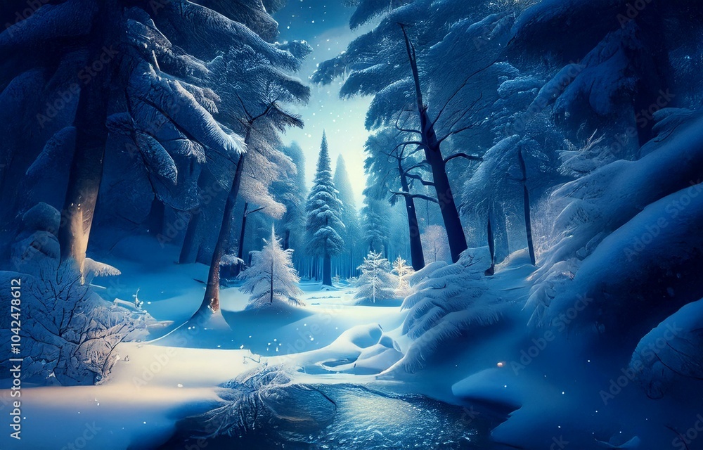 Poster a snowy forest path with a stream flowing through it, lit by the soft glow of the winter sun.
