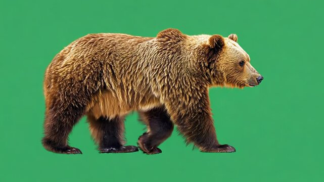 Bear walking to the side in the greenscreen background, bear walking on site, generative ai
