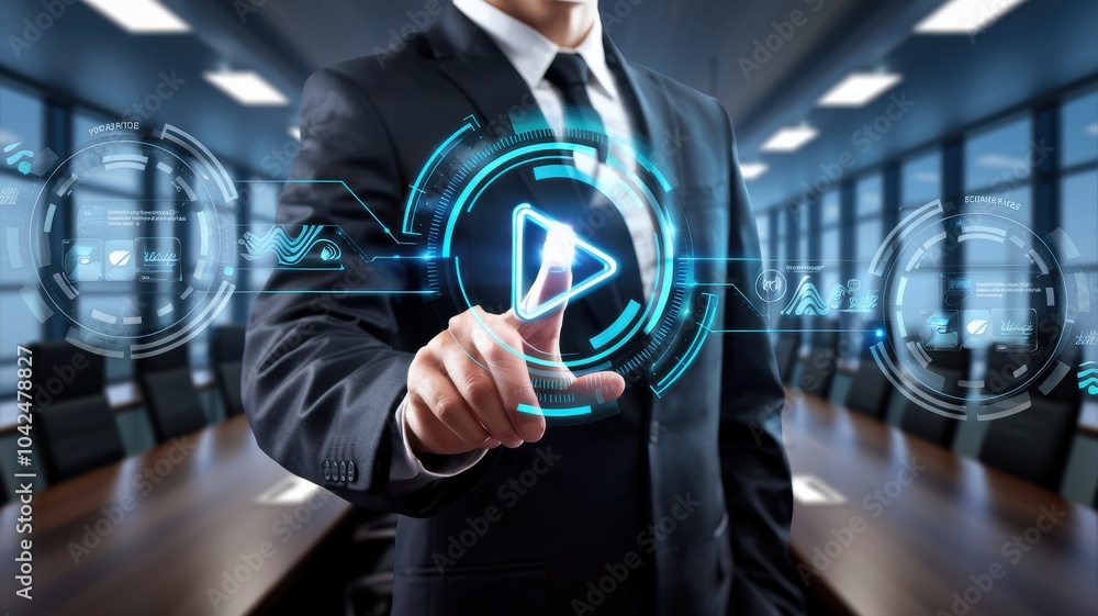 Poster a man in a suit is pointing at a screen with a blue button that says 