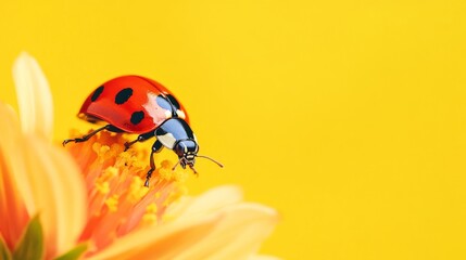 A red ladybug with black spots sits on an orange flower against a bright yellow background.