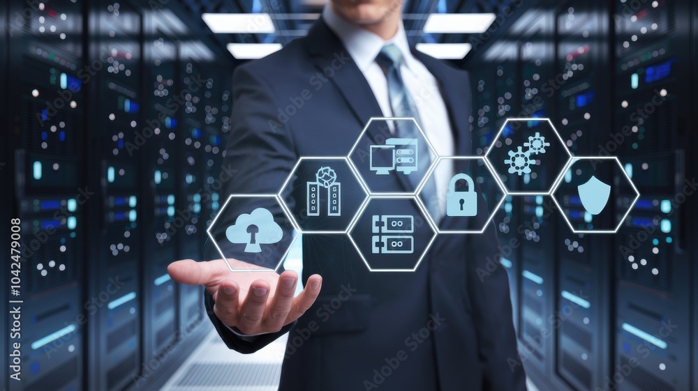 Poster a man is holding a cube with various icons on it