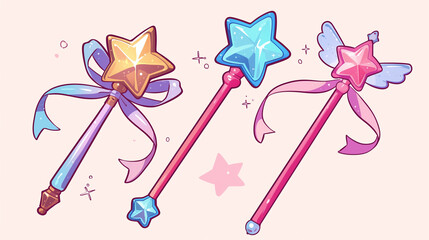 Fototapeta premium Set of 3 Kawaii Magic Star Wands: Cute and Colorful Fantasy Illustration