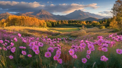 Fototapeta premium Serene Landscape with Flowers and Mountains