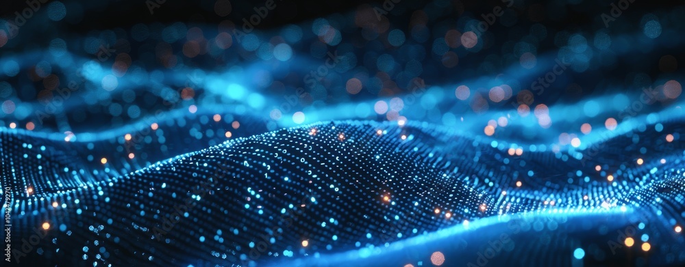 Poster abstract blue wave of particles and lines on dark background for cybersecurity and data transfer
