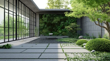 Naklejka premium Tranquil Modern Garden with Lush Greenery