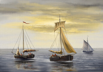 Fototapeta premium Oil paintings sea landscape, fine art, sailing boat at sunset