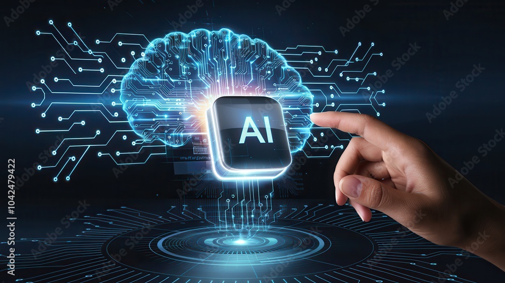 Aufkleber a hand is pointing at a computer screen with a blue brain and the word ai