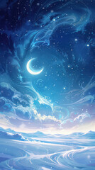 Fototapeta premium Winter Magic: Christmas Background with Frosty Night Sky, Snowstorm, Stars, and Moon, Ideal for New Year and Holiday Cards