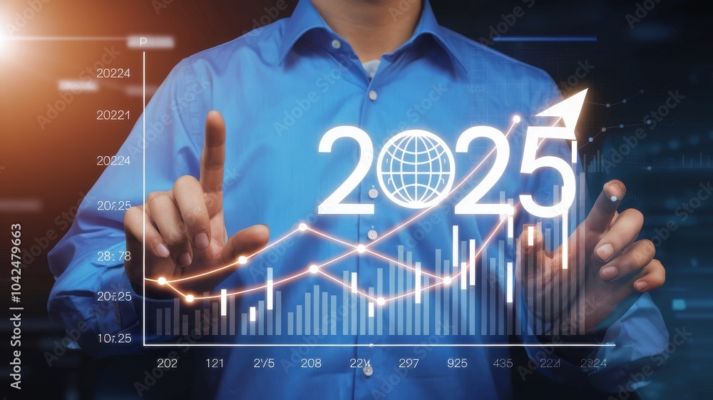 Poster a man is pointing at a graph that shows a line going up and to the right