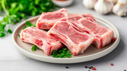 Fototapeta premium Several pieces of meat ready to cook surrounded by some ingredients