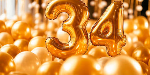 Number 34 made in golden balloons floating on golden spheres. Anniversary or birthday celebration