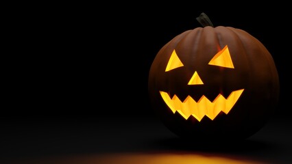 3D rendering of Halloween pumpkin on dark background, with copy space.