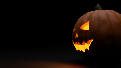 3D rendering of Halloween pumpkin on dark background, with copy space.