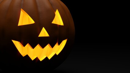 3D rendering of Halloween pumpkin on dark background, with copy space.