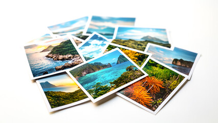Stack of landscape and travel photographs, Travel concept, Generative AI image. 