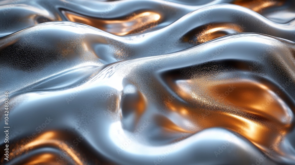 Poster The artwork features a dynamic arrangement of flowing metallic surfaces, showcasing smooth contours and glimmers of light, creating a captivating abstract piece.