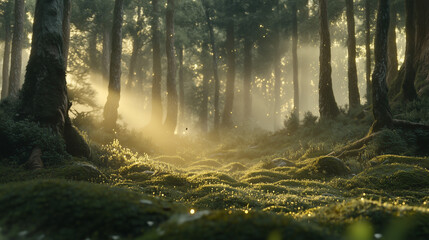 Fototapeta premium Mystical Forest Sunbeams Morning