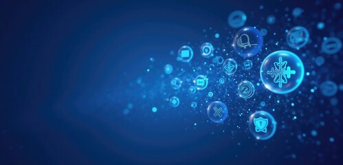 Dynamic digital icons in bubbles, representing innovation and technology in a modern, abstract design, ideal for tech, finance, and healthcare sectors.