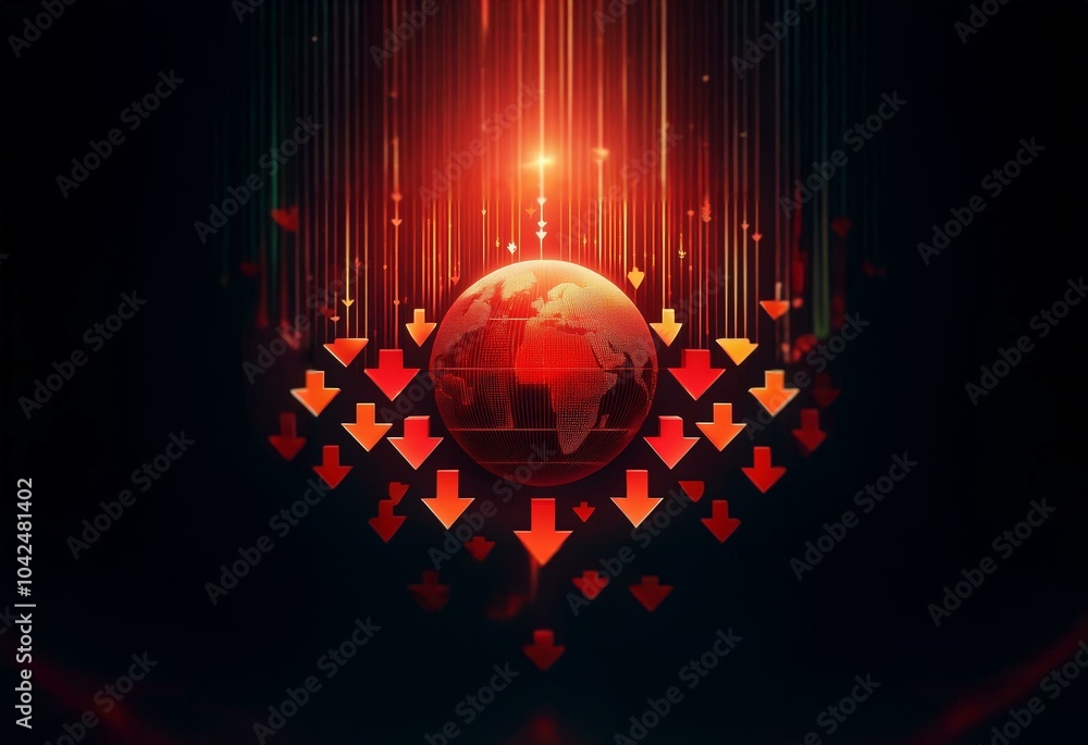 Poster a glowing globe surrounded by falling red arrows in a dark, digital space.