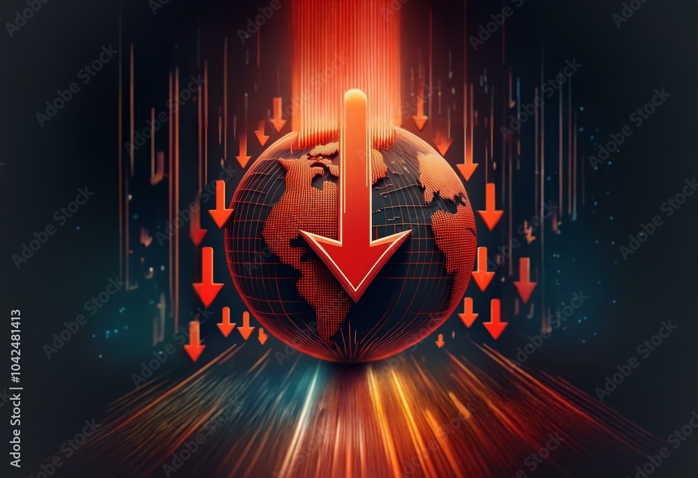 Poster a red arrow pointing down, superimposed over a globe. the globe is surrounded by red arrows and red 