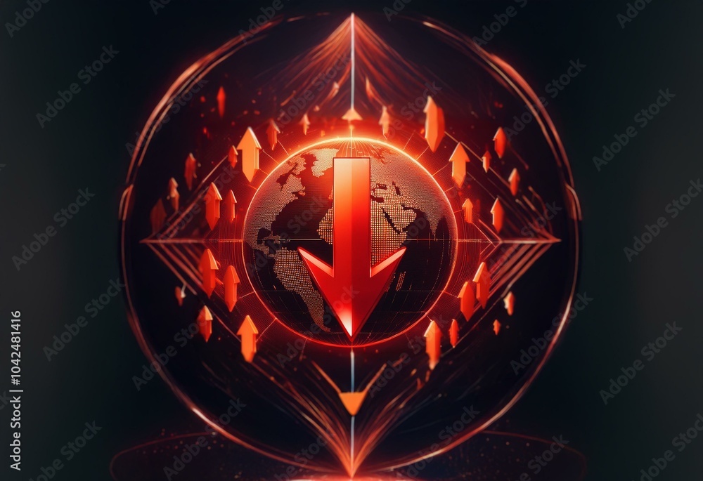 Poster a red glowing arrow points down in the center of a circle, surrounded by several other glowing arrow