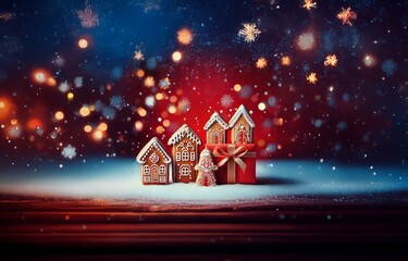 Gingerbread houses and a red gift box with a gold bow are on a snowy surface with bokeh lights and snowflakes in the background.