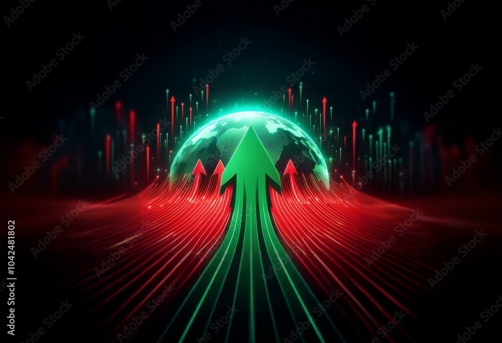 Poster A glowing globe surrounded by red and green arrow lines on a dark background.