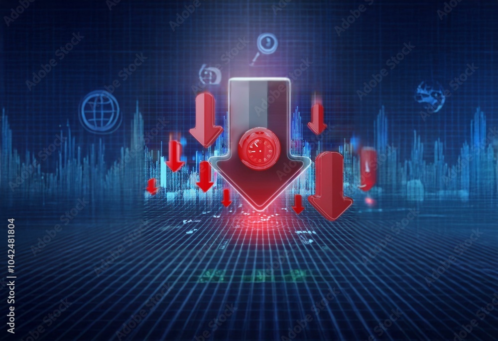 Fototapete red arrow pointing down with a clock in the middle surrounded by other arrows, all on a blue gridded