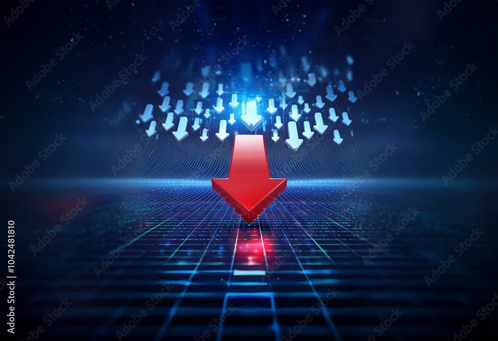 Fototapete A single large red arrow points down, surrounded by a field of smaller blue arrows pointing down. The arrows are set against a blue background with a grid.