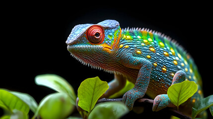 Obraz premium A vibrant chameleon perched on a branch with green leaves.