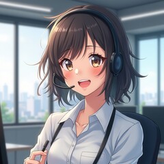 A cheerful woman with a headset in a modern office setting, perfect for illustrating customer service, support roles, or corporate environments.