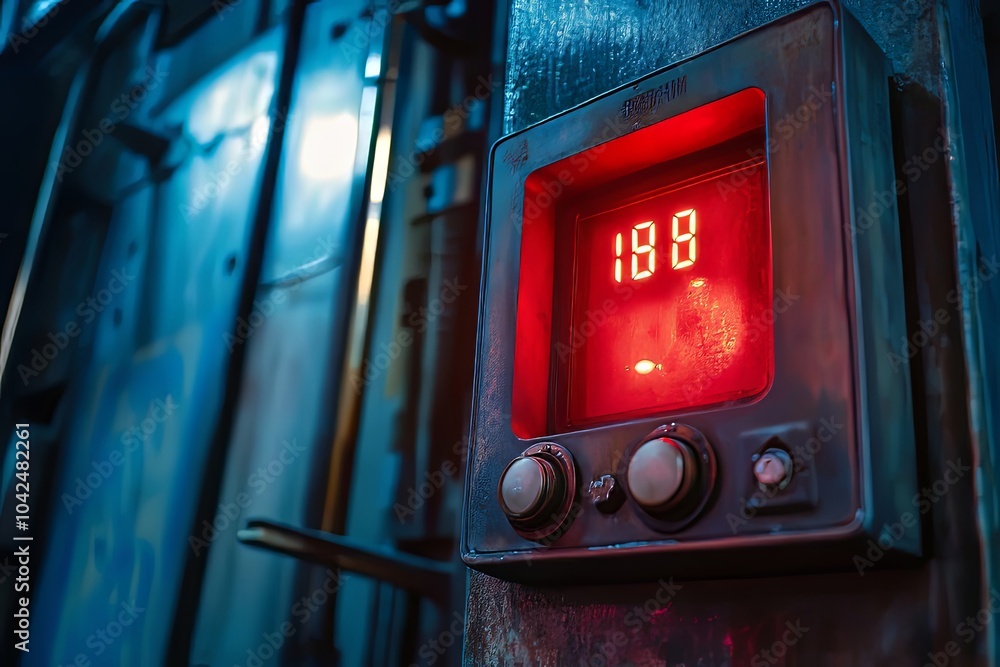 Poster digital display panel glowing red in a dimly lit industrial setting, indicating a measurement or val