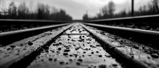 Obraz premium Railway tracks leading into the distance, black and white scenery.
