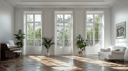 Modern Luxurious Parisian Living Room with Large Windows and Piano