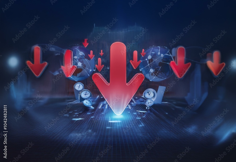Aufkleber red arrows point down on a dark blue background with a grid pattern. clocks and globes are blurred i