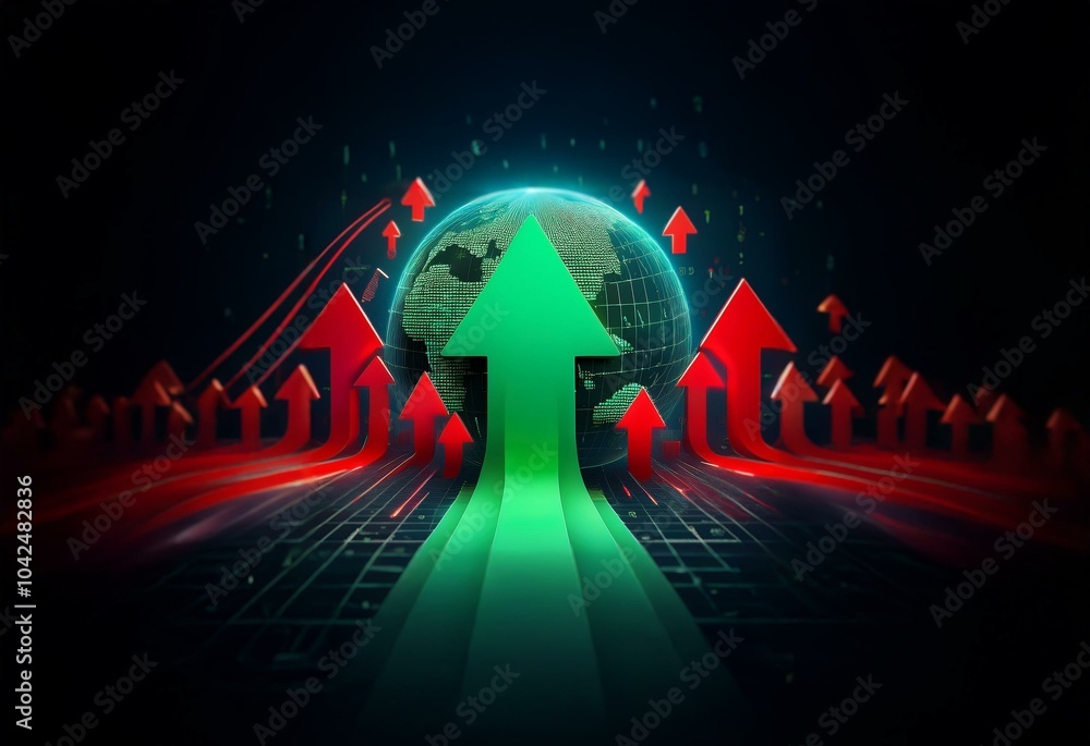Aufkleber A glowing green arrow points upward towards a blue and green globe, surrounded by red arrows pointing in the same direction.