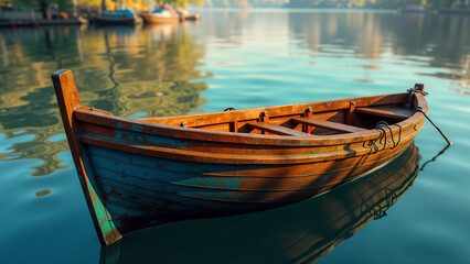 Obraz premium A Beautifully Painted Wooden Boat Resting Against the Rail Reflecting Sunlight in Vivid Colors of Tranquility