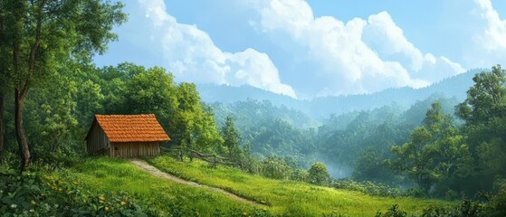 Fototapeta premium Scenic view of a peaceful countryside with a quaint cabin.