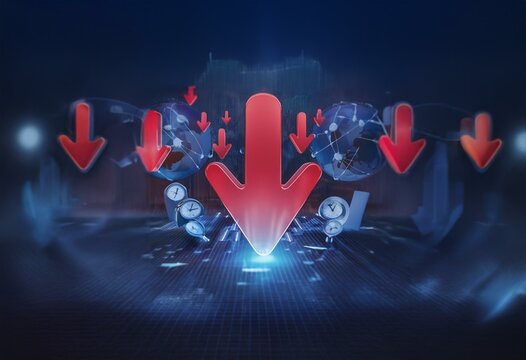 Red arrows point down on a dark blue background with a grid pattern.  Clocks and globes are blurred in the background.