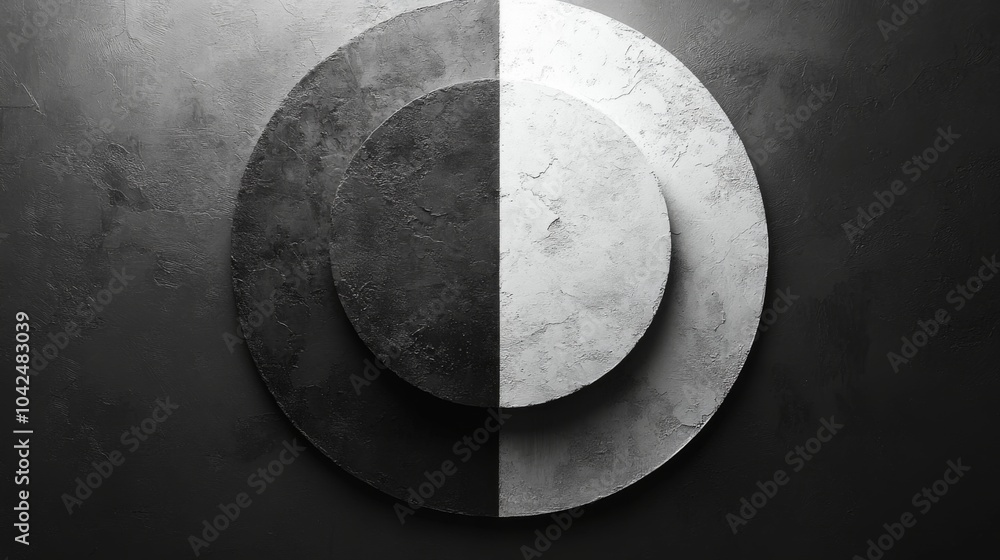 Fototapete A striking arrangement of concentric circles displays varying textures and shades of black and gray, set against a dark backdrop, creating a visually appealing contrast.