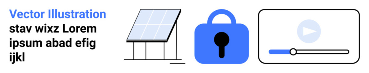 Three elements including a solar panel, a padlock, and a video player interface. Ideal for renewable energy, cybersecurity, education, technology integration, and online learning. Banner for landing