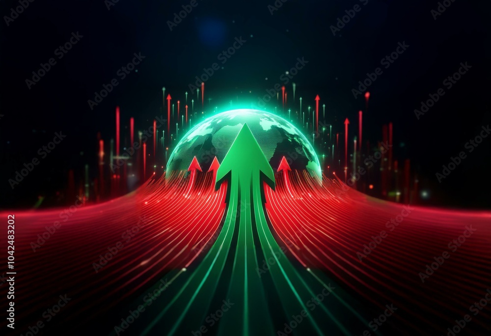 Wall mural A glowing green globe surrounded by glowing red and green arrows pointing upward against a dark background.